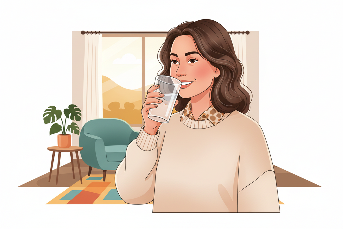 50-year old nice woman drinking water in home. Illustrator style.
